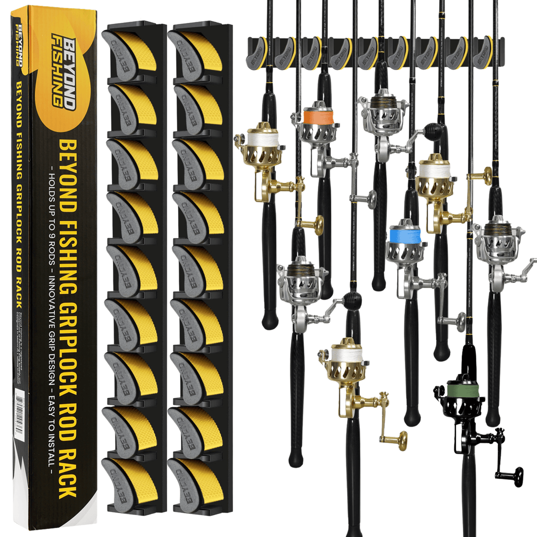 Beyond Braid Fishing GripLock vertical rod rack holding multiple fishing rods in a storage setup