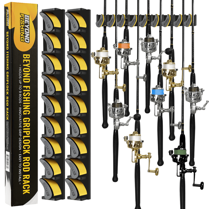 Beyond Braid Fishing GripLock vertical rod rack holding multiple fishing rods in a storage setup