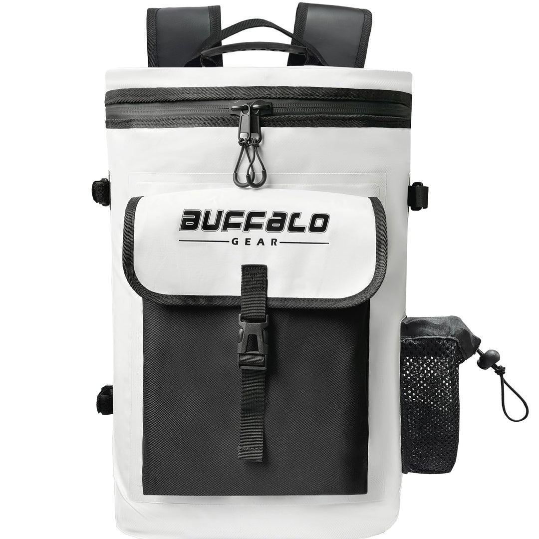 Buffalo Gear 31QT Fish Cooler Backpack designed for outdoor fishing, featuring a durable insulated cooler bag with adjustable straps.