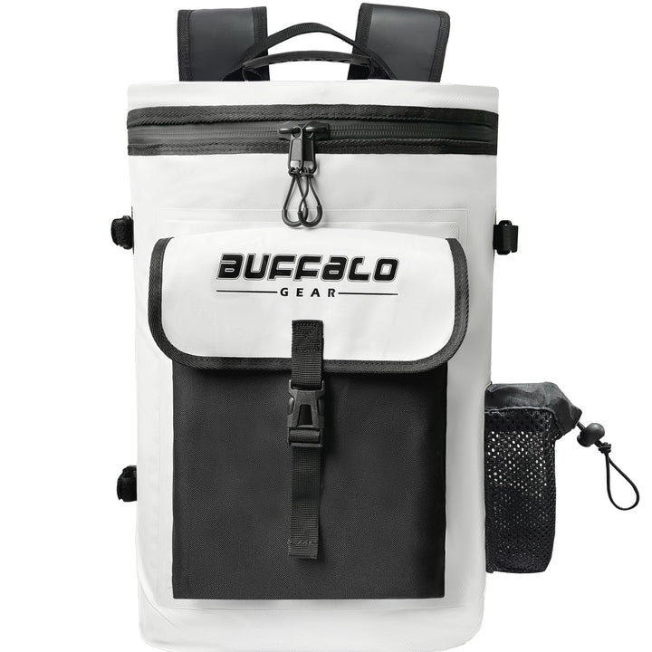 Buffalo Gear 31QT Fish Cooler Backpack designed for outdoor fishing, featuring a durable insulated cooler bag with adjustable straps.