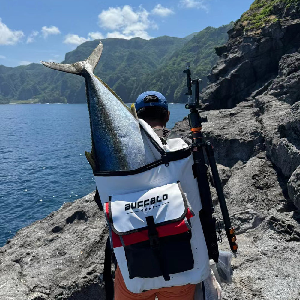 Buffalo Gear 31QT fish cooler backpack with insulated main compartment and adjustable straps, designed for outdoor fishing trips.