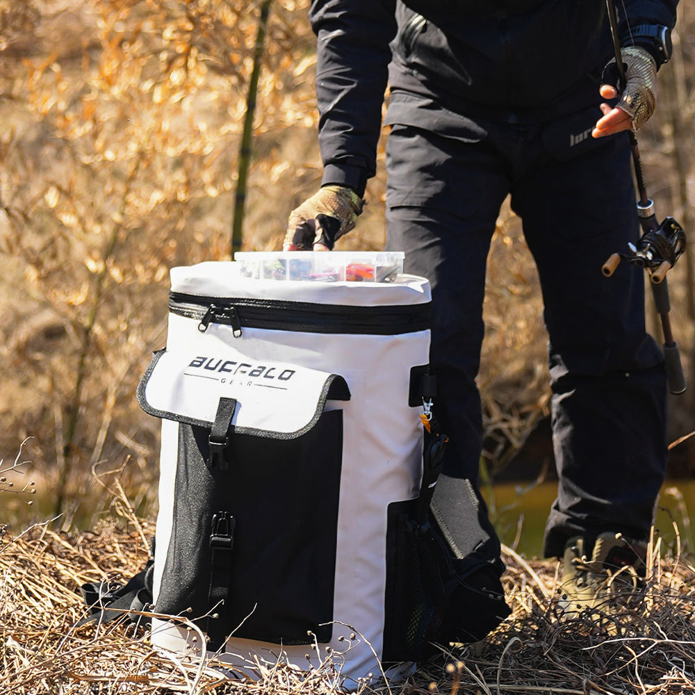 Buffalo Gear 31QT Fish Cooler Backpack, a durable insulated cooler bag designed for fishing and outdoor adventures.