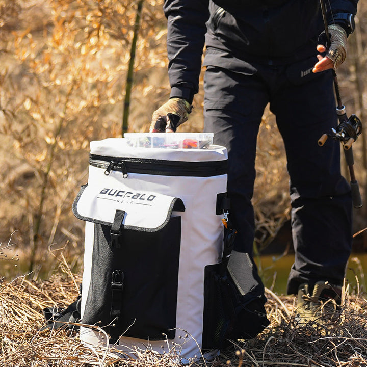 Buffalo Gear 31QT Fish Cooler Backpack, a durable insulated cooler bag designed for fishing and outdoor adventures.
