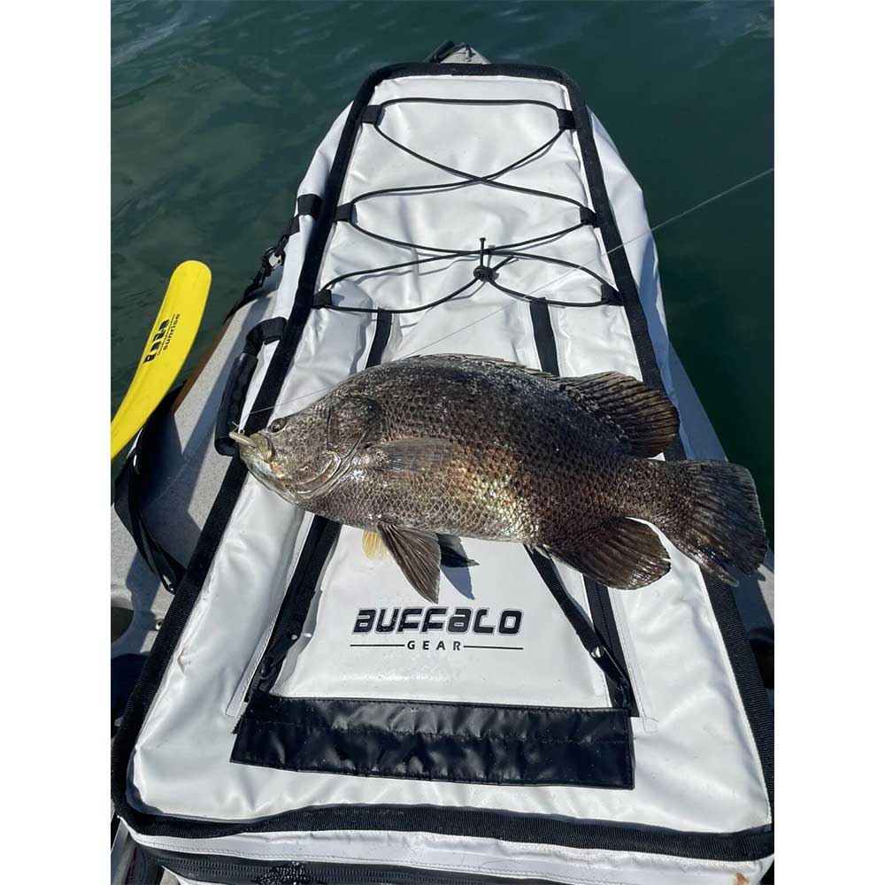 Buffalo Gear 36-inch kayak fish cooler bag with shoulder strap, insulated fish storage and carrying handle for outdoor fishing.