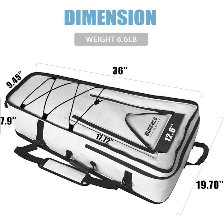 Buffalo Gear 36-inch kayak fish cooler bag with shoulder strap, insulated fish storage for kayaking or fishing trips.