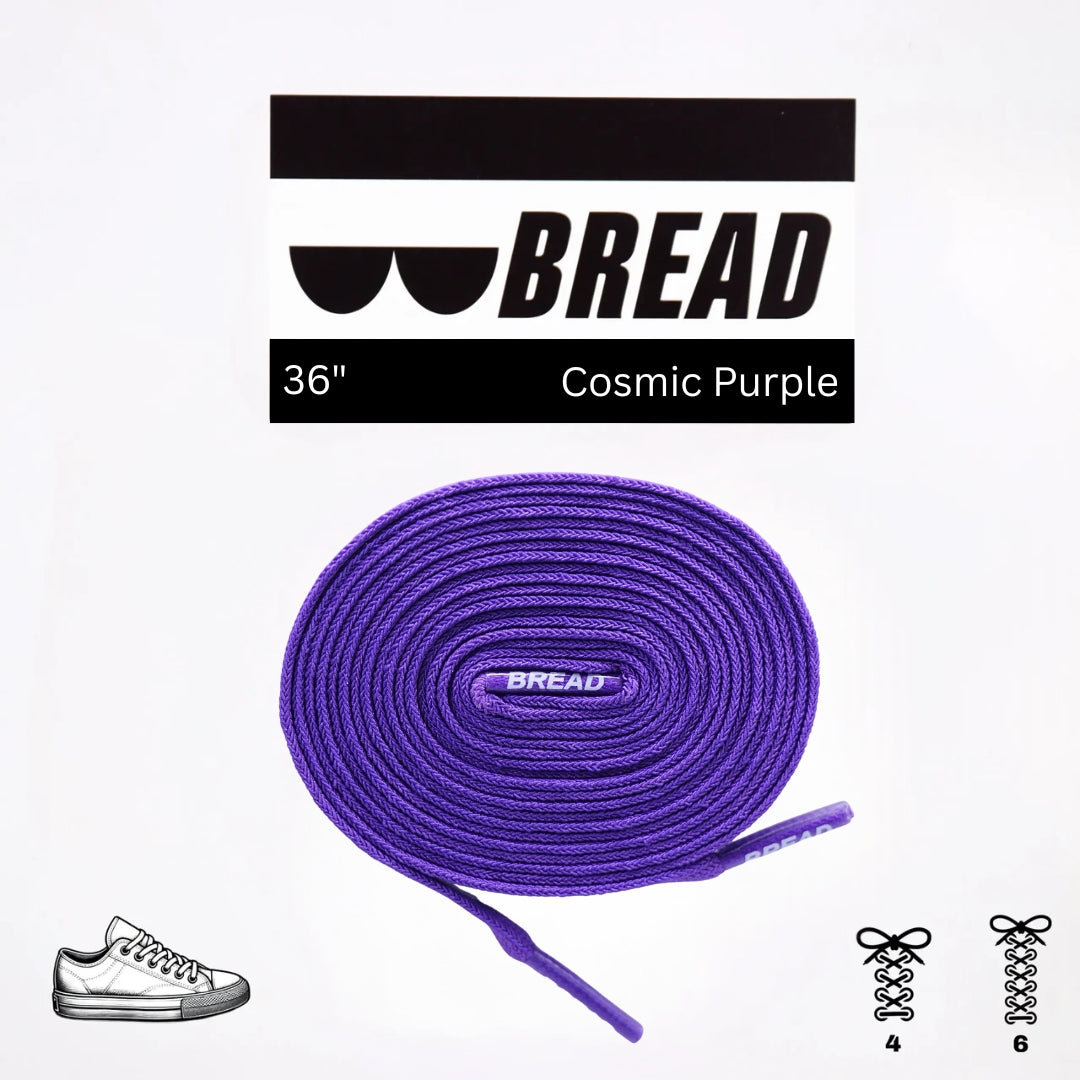 Elastic shoelaces in cosmic purple color by Bread, showing a close-up of the vibrant, stretchy laces threaded through shoe eyelets.
