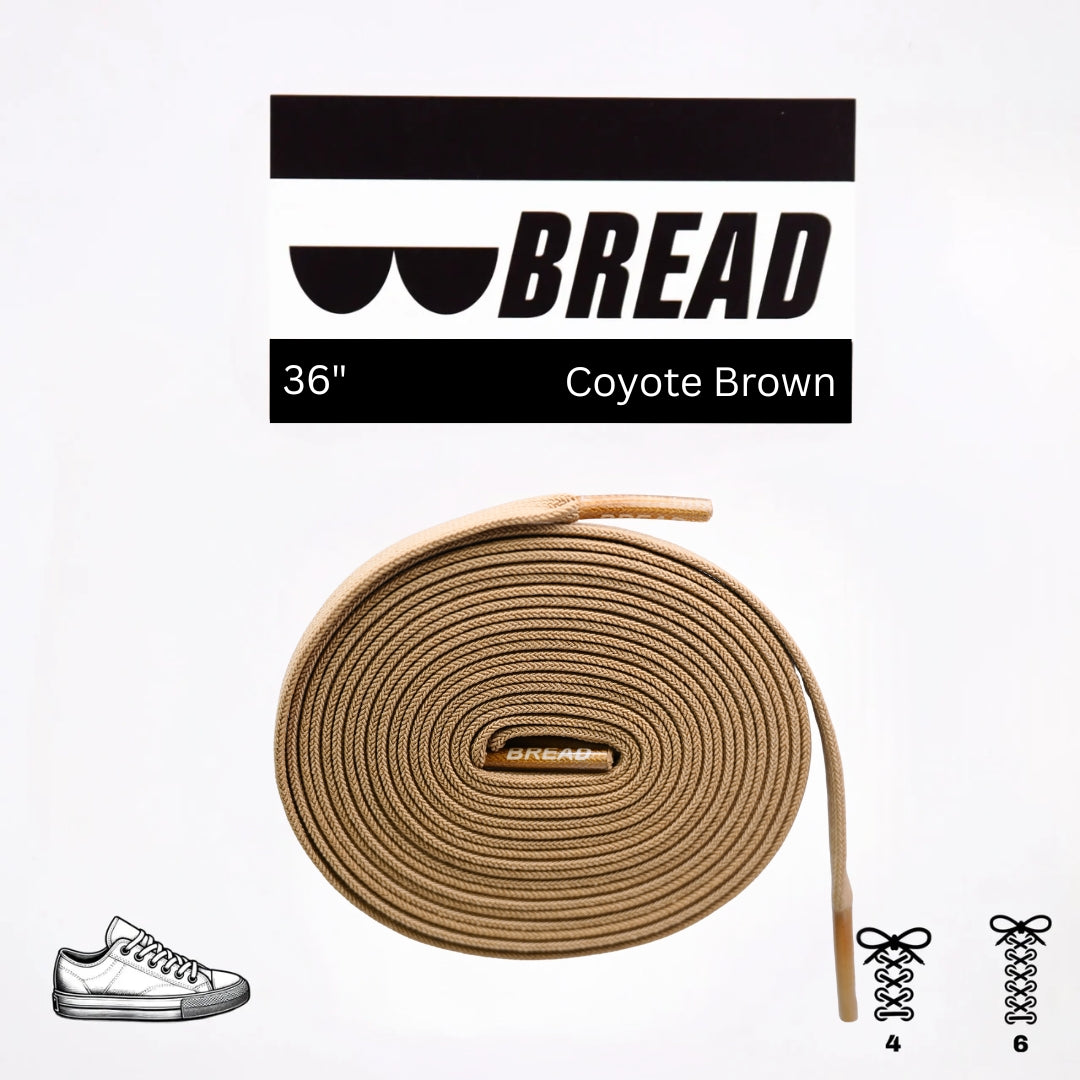 Coyote brown elastic shoelace by Bread, showing flexible, stretchable laces with metal aglets on a plain background.
