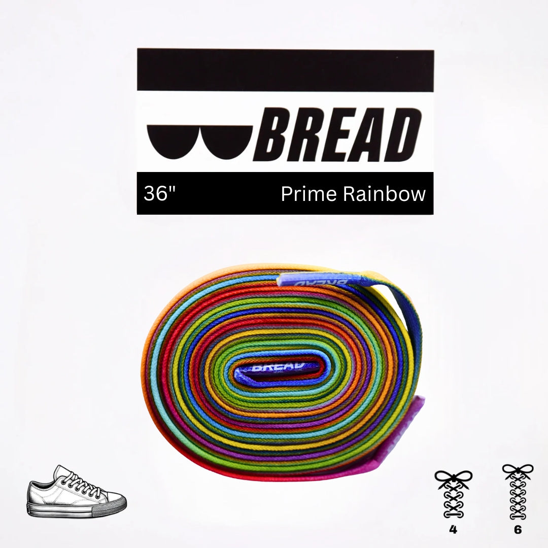 Colorful elastic shoelace from Bread's Prime Rainbow collection, shown in a close-up image with vibrant rainbow hues.