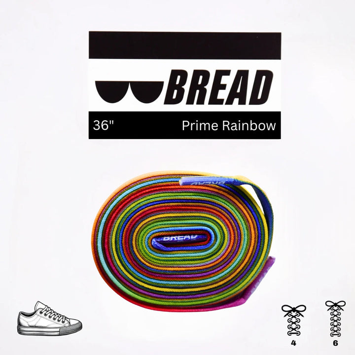 Colorful elastic shoelace from Bread's Prime Rainbow collection, shown in a close-up image with vibrant rainbow hues.