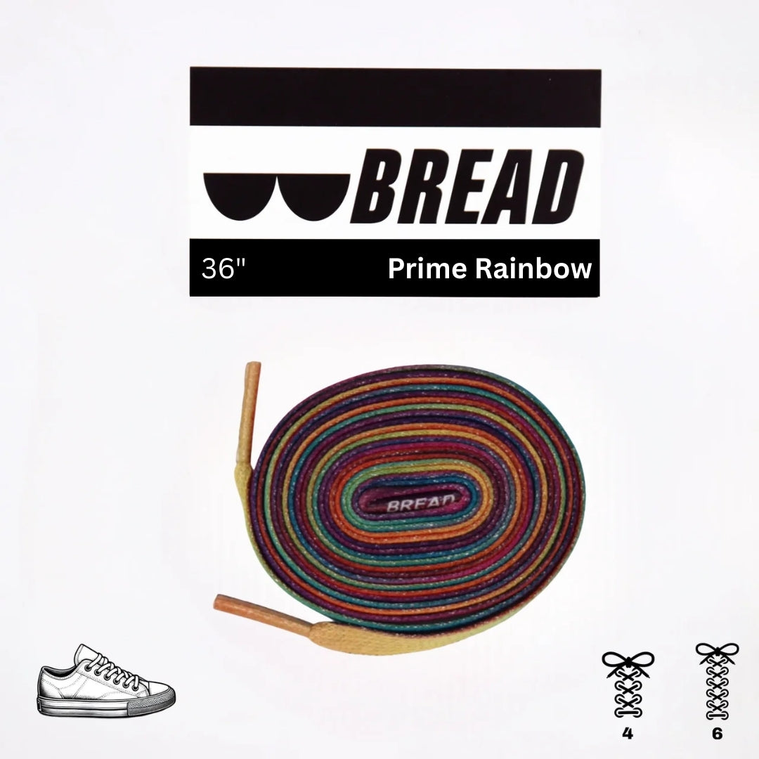 Sparkly Prime Rainbow elastic shoelace by Bread with rainbow colors and stretchy design for comfortable, secure fit.
