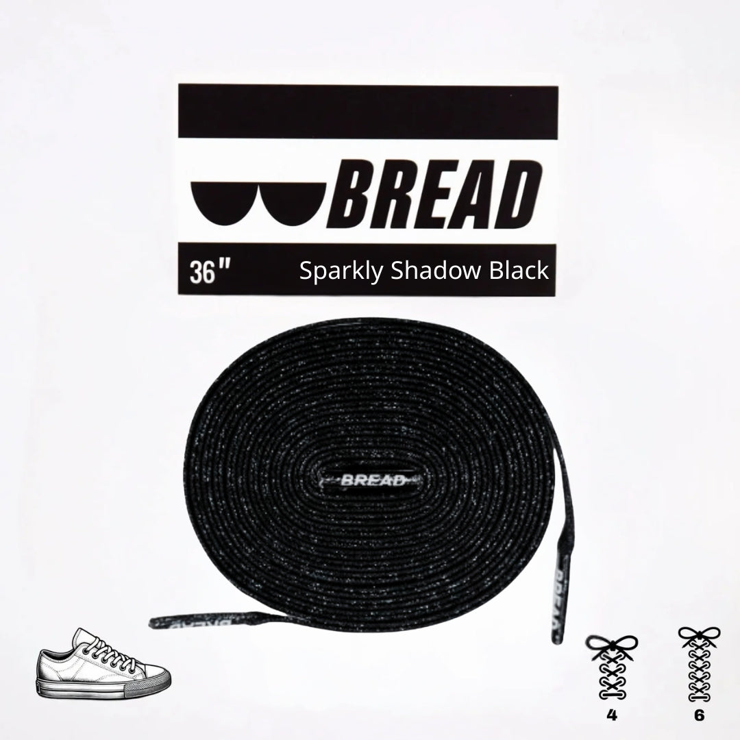 Sparkly black elastic shoelace by Bread, featuring a shiny, flexible design perfect for casual sneakers and athletic shoes.