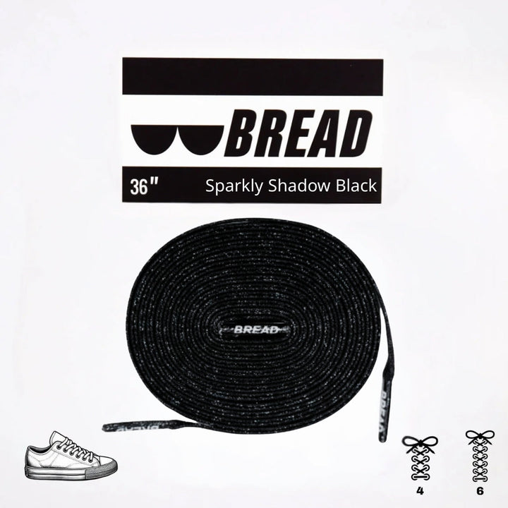 Sparkly black elastic shoelace by Bread, featuring a shiny, flexible design perfect for casual sneakers and athletic shoes.