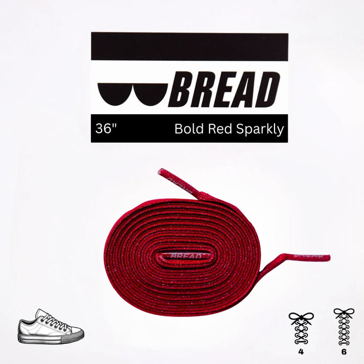 Red elastic shoelace by Bread, showcasing the stretchy, durable design with secure knotting and vibrant color.