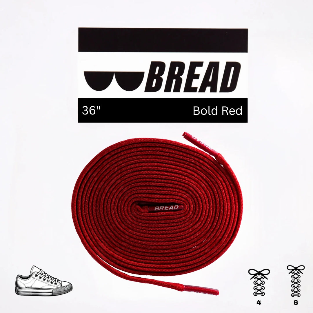 Bright red elastic shoelaces from Bread, showing their stretchy, durable design suitable for sneakers and casual shoes.