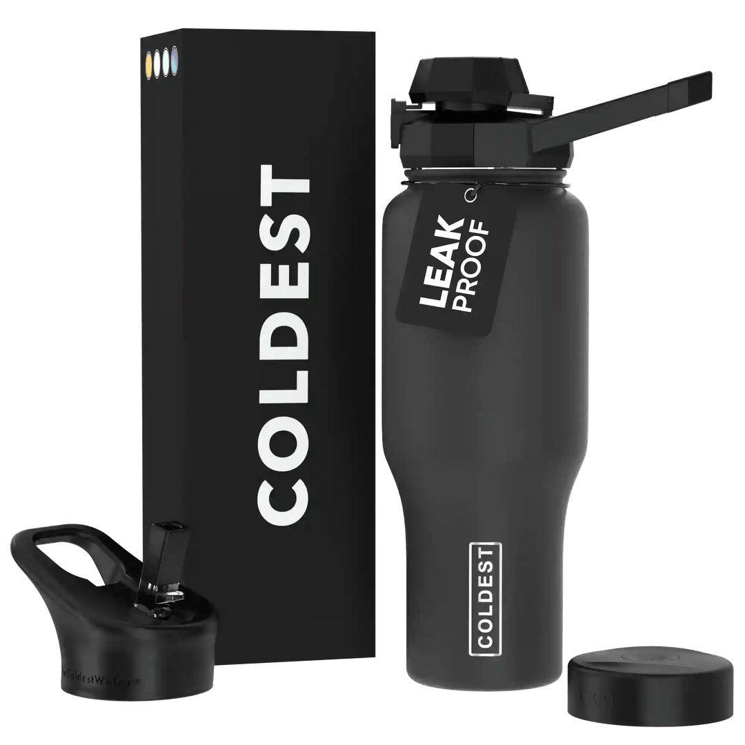 Coldest 36oz universal water bottle in stealth black with a sleek design and secure lid for hydration on the go