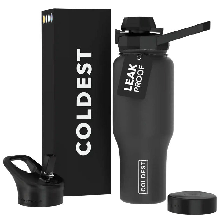 Coldest 36oz universal water bottle in stealth black with a sleek design and secure lid for hydration on the go