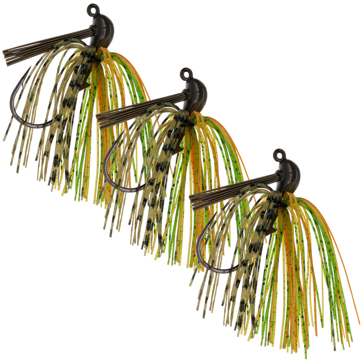 Reaction Tackle Lead Flipping Jigs 3-pack with perch-colored design, suitable for bass fishing, shown in this product image.