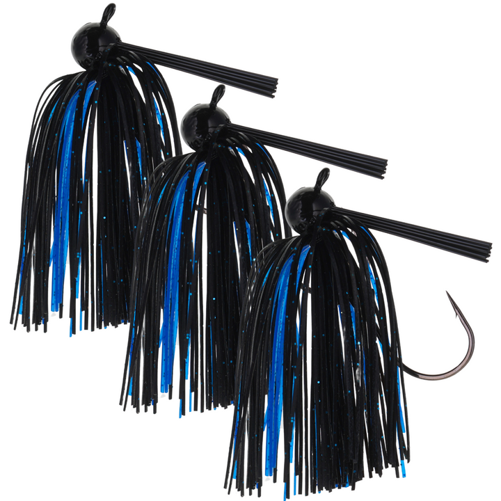 Reaction Tackle Lead Football Jigs 3-Pack with black and blue finishes, showing three fishing jigs for bass and freshwater fishing.
