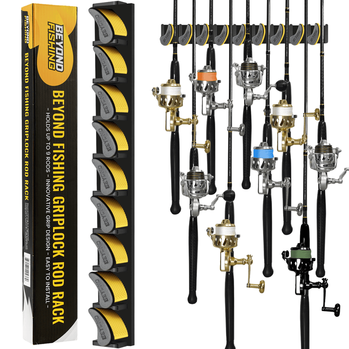 Beyond Braid GripLock vertical fishing rod rack holding multiple fishing rods in a organized display.