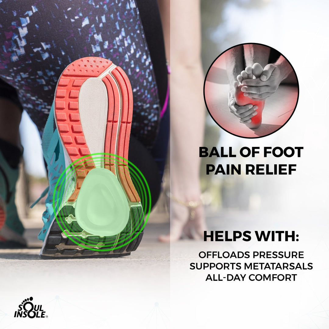 Reusable adhesive metatarsal pad from Soul Insole, showing a close-up of the soft, cushioned pad designed to relieve foot pressure