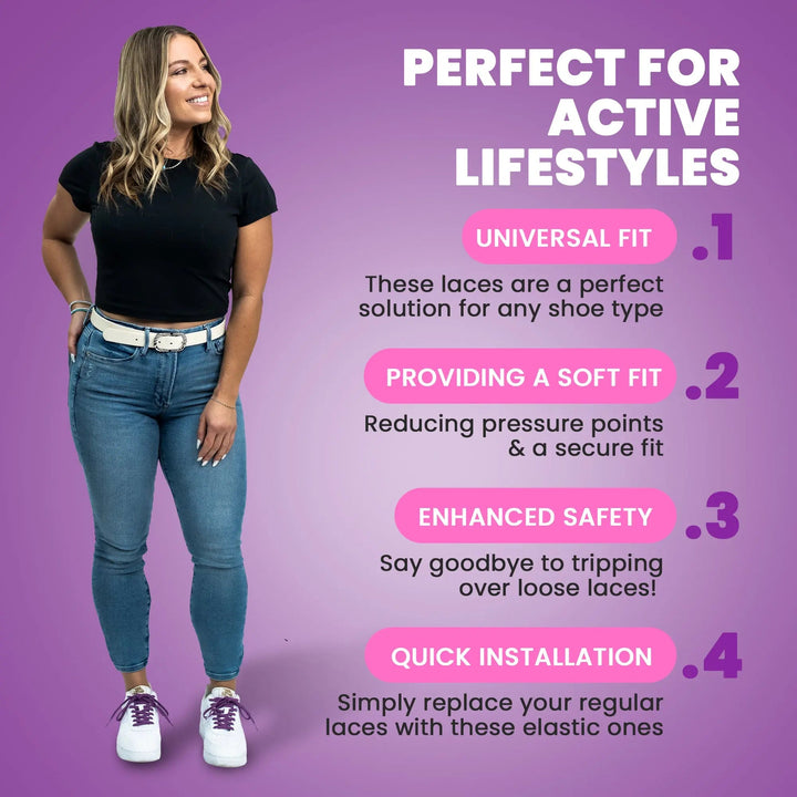 Elastic shoelace in cosmic purple by Bread, shown with three different views, flexible and vibrant for sneakers.