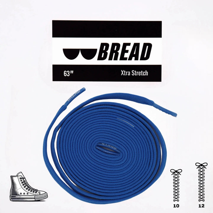Blue elastic shoelace from Bread Sonic Blue, flexible and stretchy for comfortable, secure fit on sneakers or shoes.