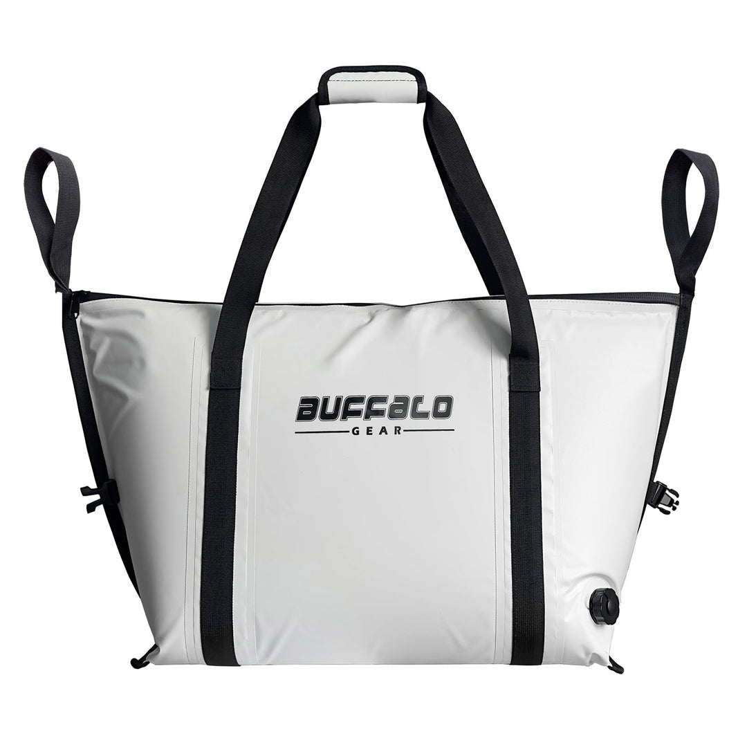 Buffalo Gear 45QT fish cooler bag with flat bottom for keeping catch fresh during fishing trips.