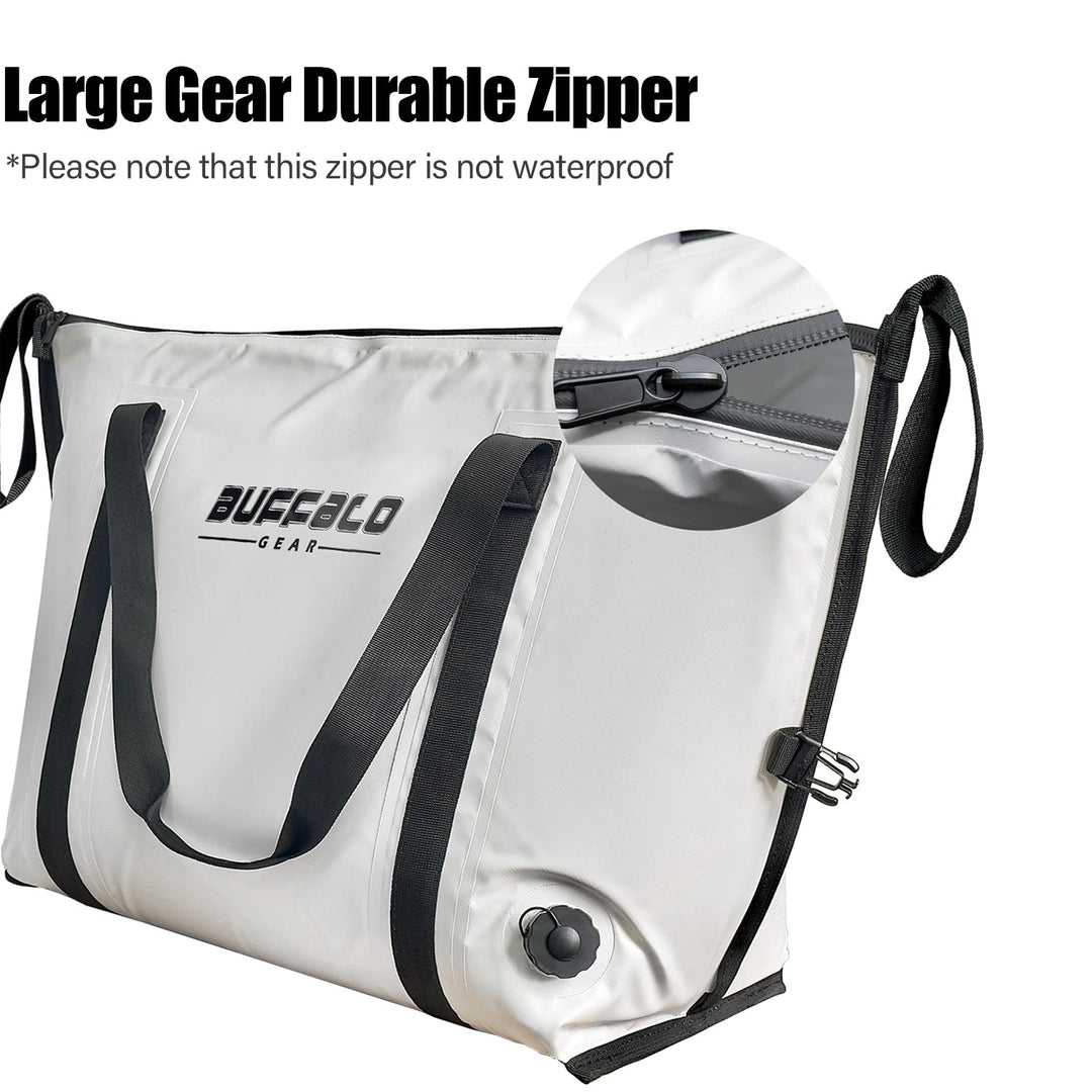 Buffalo Gear 45QT fish cooler bag with flat bottom, insulated tote for keeping catches fresh during fishing trips.