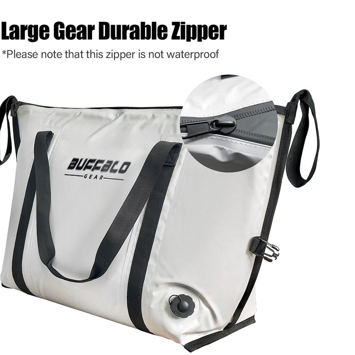 Buffalo Gear 45QT fish cooler bag with flat bottom, insulated tote for keeping catches fresh during fishing trips.
