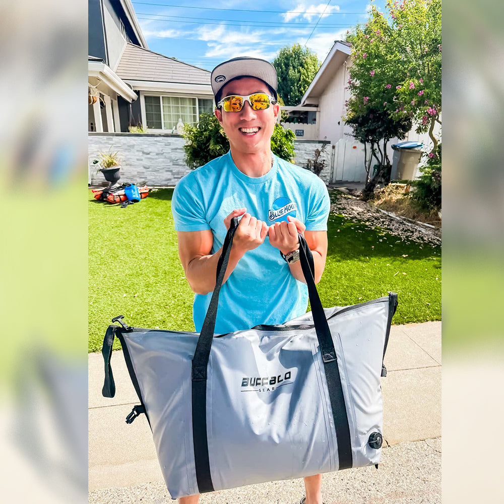 Buffalo Gear 45QT fish cooler bag with flat bottom, insulated fishing bag for keeping catches fresh and organized.