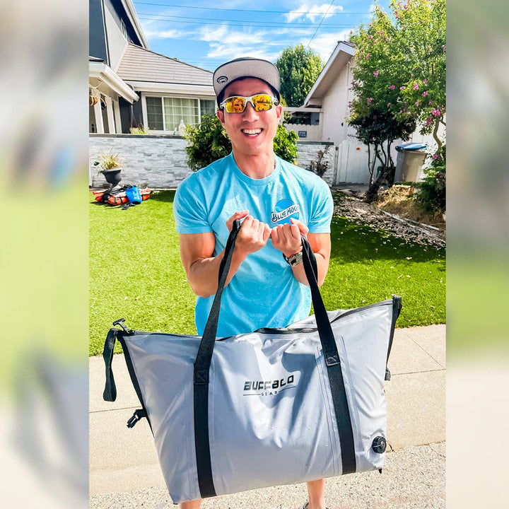 Buffalo Gear 45QT fish cooler bag with flat bottom, insulated fishing bag for keeping catches fresh and organized.
