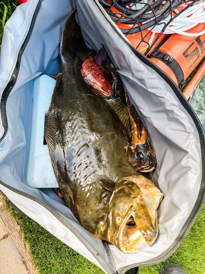 Buffalo Gear 45QT fish cooler bag with flat bottom, insulated fish storage bag for keeping catches fresh.