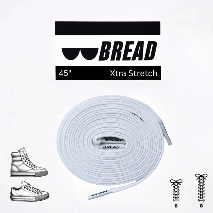 Elastic shoelace in Cloud White by Bread, showing a close-up of the flexible, durable laces threaded through sneaker eyelets.