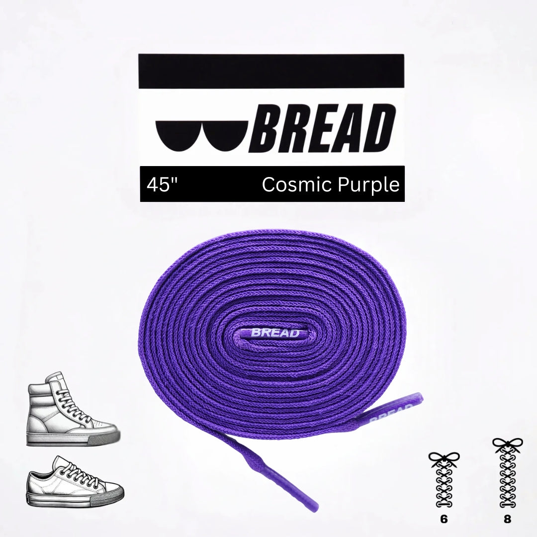 Elastic shoelace in cosmic purple by Bread, showing the vibrant, stretchy cord with metal tips for easy lacing.
