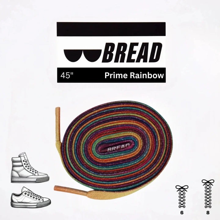 Colorful Prime Rainbow elastic shoelaces by Bread tied in a bow on a pair of shoes. Bright, flexible, and easy to use.