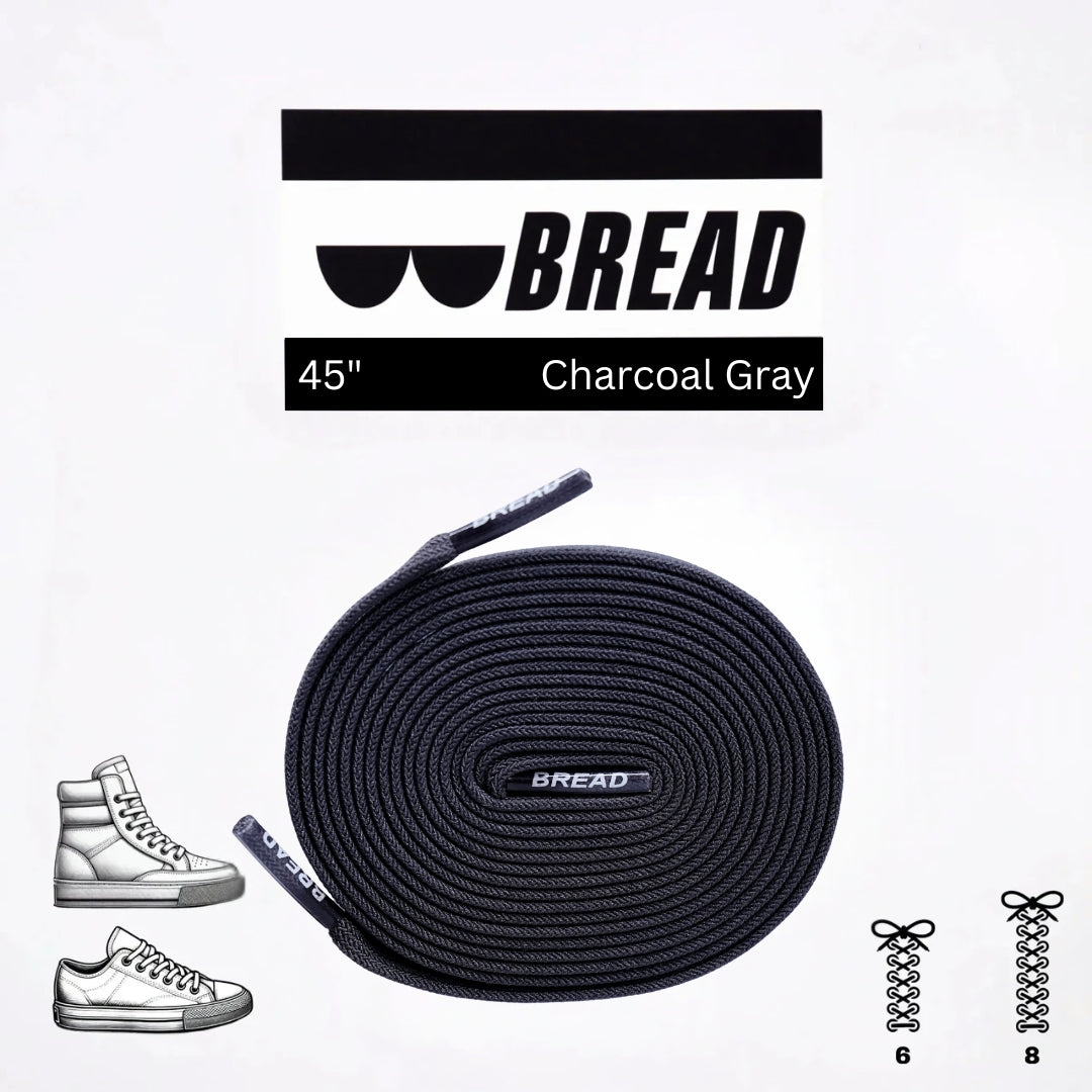 Charcoal grey Bread elastic shoelace with stretchable design, ideal for comfortable and secure fit on sneakers or casual shoes.