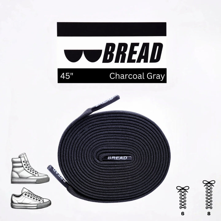 Charcoal grey Bread elastic shoelace with stretchable design, ideal for comfortable and secure fit on sneakers or casual shoes.