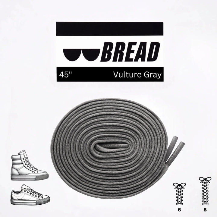Gray elastic shoelace from Bread's Vulture collection, shown in close-up detail with smooth texture and flexible design.