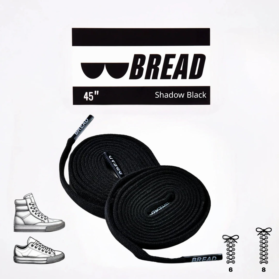 Black elastic shoelace by Bread with a sparkly, shiny finish, designed for easy slip-on footwear and secure fit.