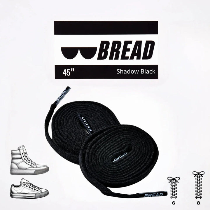 Black elastic shoelace by Bread with a sparkly, shiny finish, designed for easy slip-on footwear and secure fit.