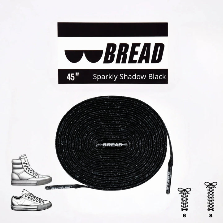 Sparkly black elastic shoelace by Bread, designed for comfortable, flexible fit on sneakers and casual shoes.