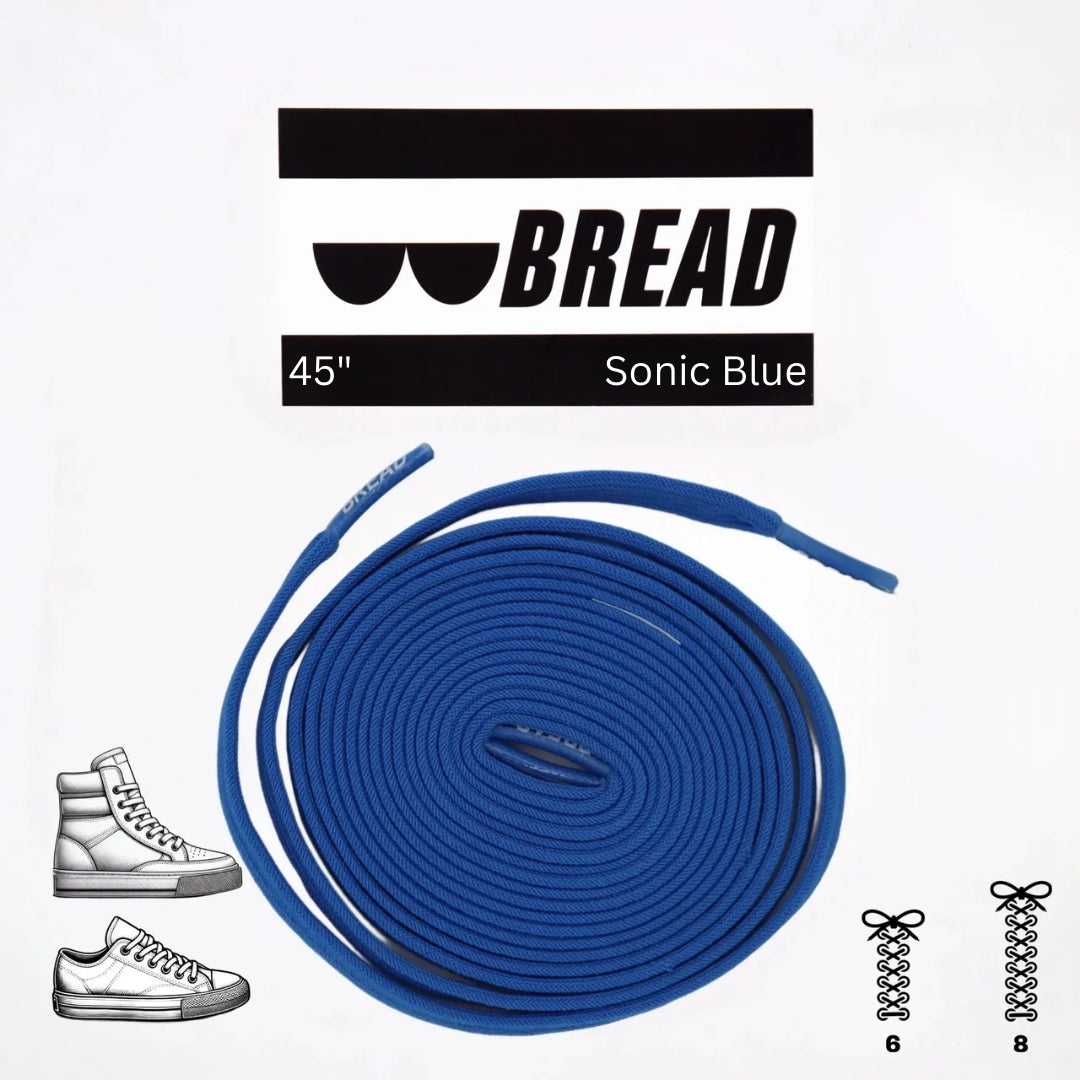 Blue elastic shoelace by Bread, showing a close-up of the stretchy, durable laces designed for easy fastening and comfort.