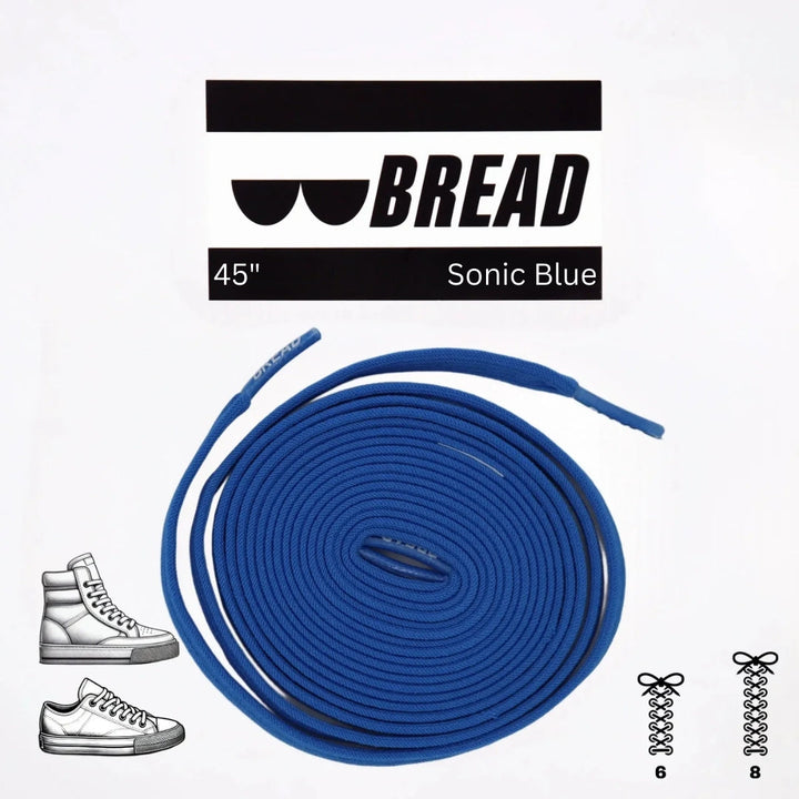 Blue elastic shoelace by Bread, showing a close-up of the stretchy, durable laces designed for easy fastening and comfort.