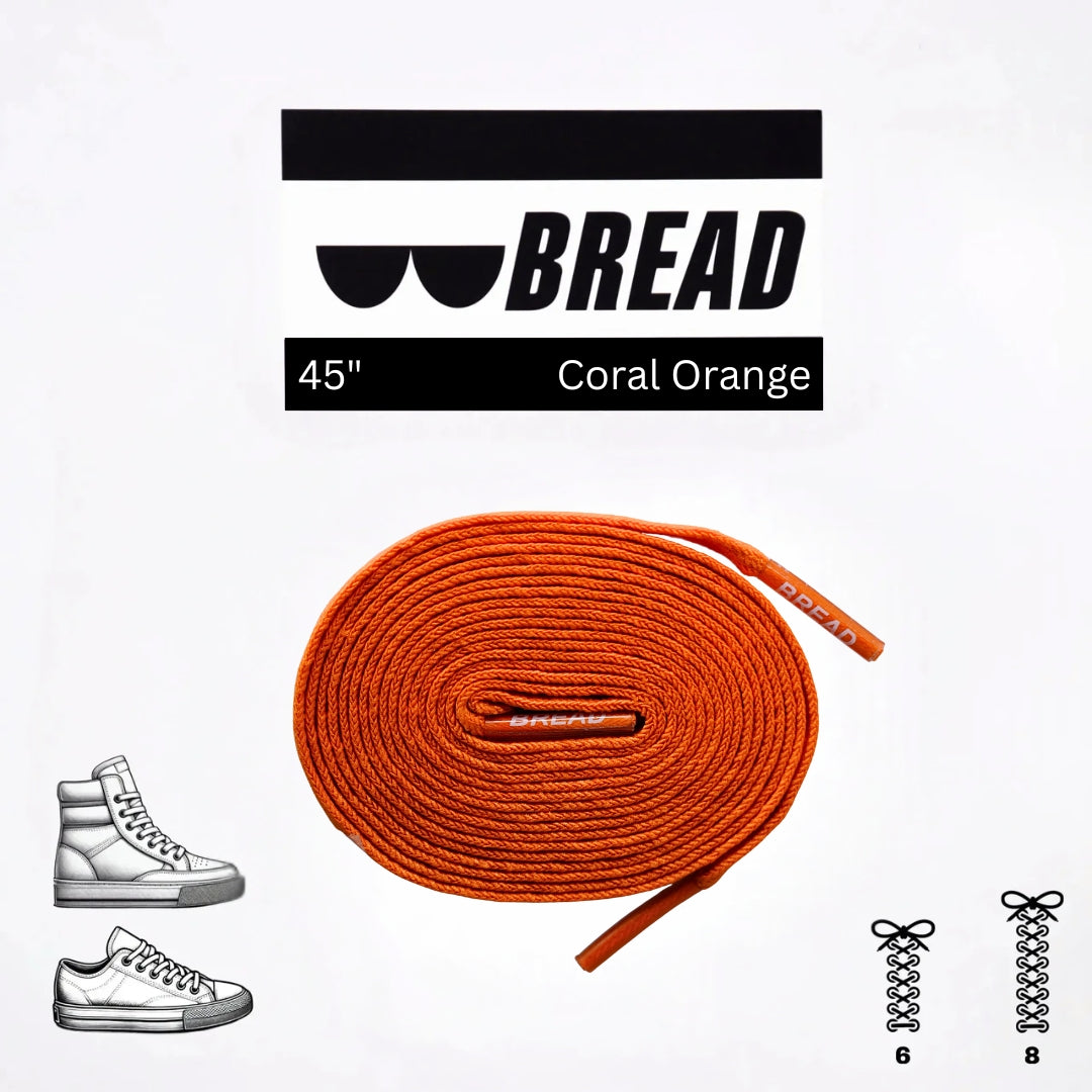 Bright coral orange elastic shoelace by Bread, flexible and stretchy for comfortable, secure fit on sneakers or casual shoes.