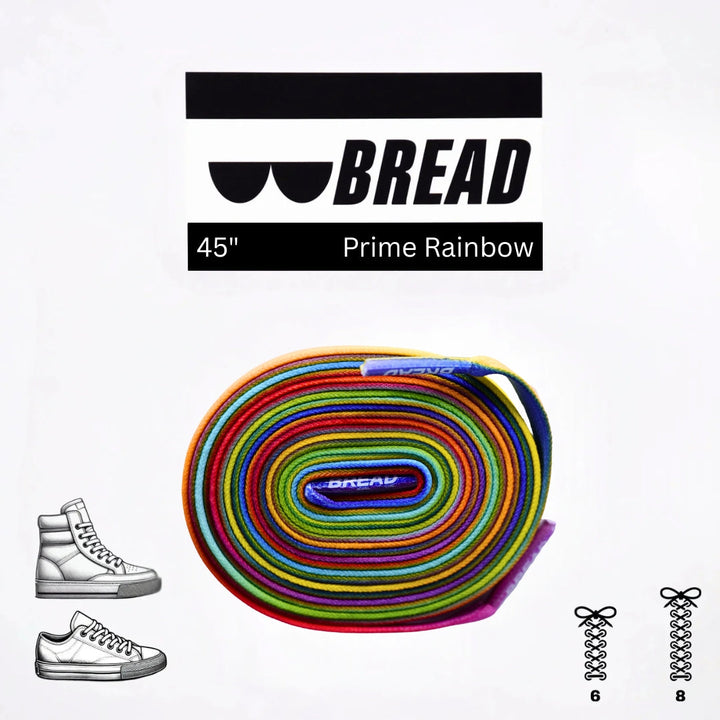 Colorful Prime Rainbow elastic shoelace by Bread, featuring vibrant rainbow hues and flexible stretch for comfortable footwear.