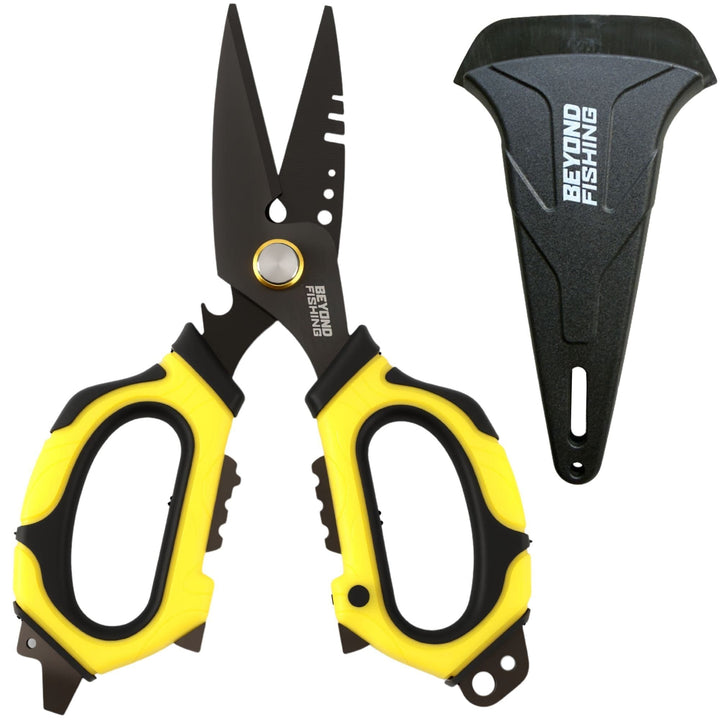 Beyond Braid 6.5-inch Omni Pro Fishing Shears with ergonomic handles and sharp blades for precise fishing line cutting.