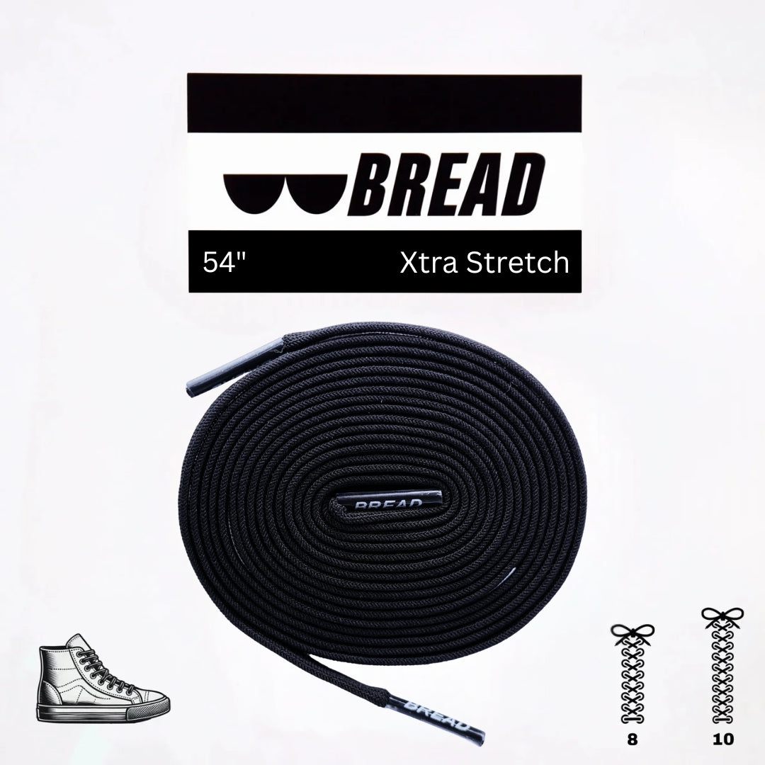 Black elastic shoelace by Bread, showing a close-up of the flexible, durable shoelace material for sneakers or casual shoes.
