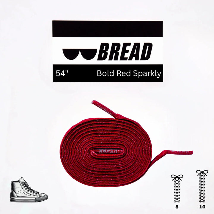 Red elastic shoelace by Bread, shown in close-up with flexible, stretchy material and secure aglets for easy lacing.