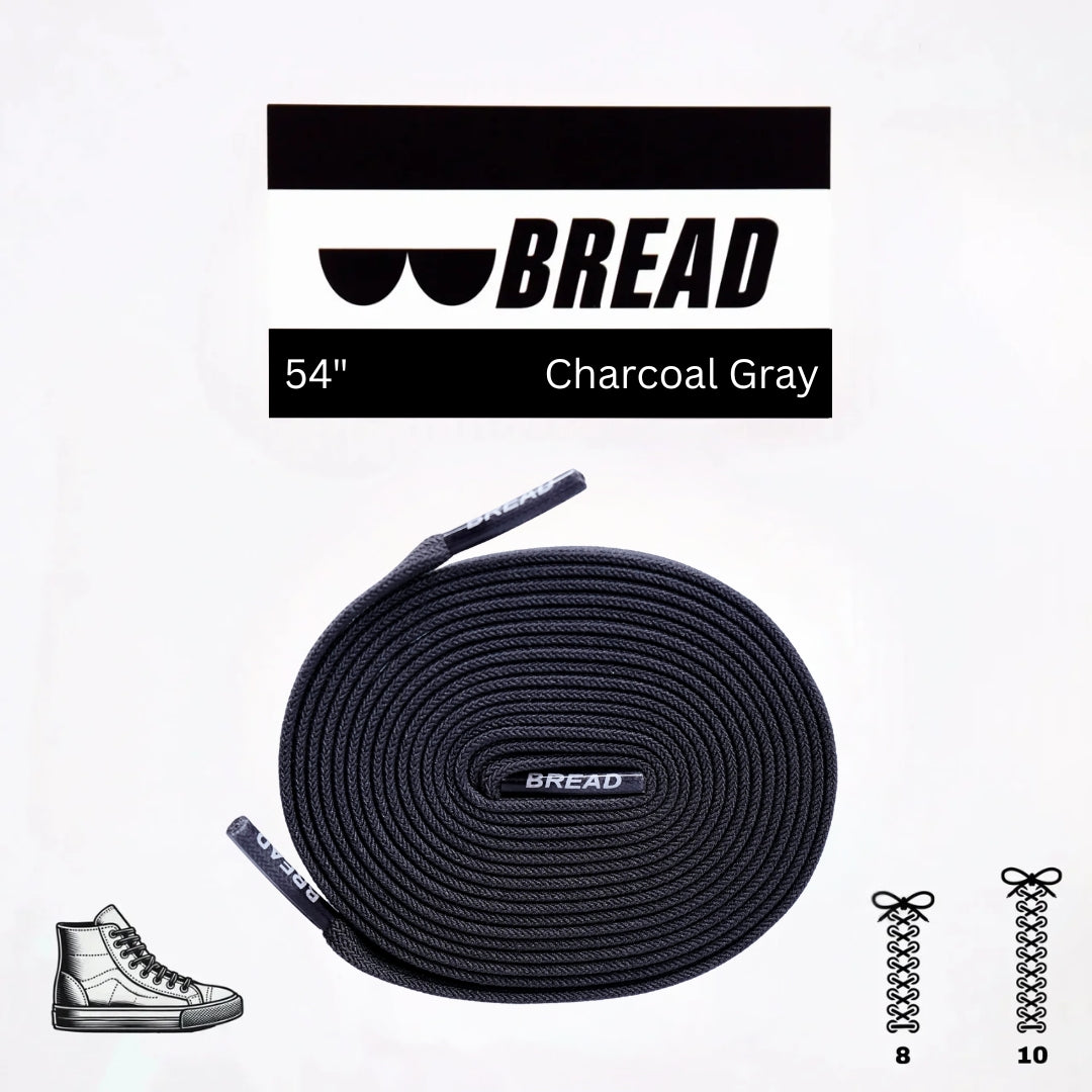 Charcoal grey Bread elastic shoelace with flexible, stretchable design for comfortable, secure fit in athletic or casual shoes.