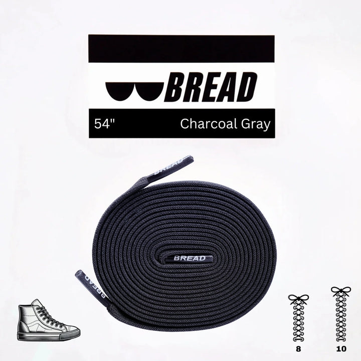 Charcoal grey Bread elastic shoelace with flexible, stretchable design for comfortable, secure fit in athletic or casual shoes.
